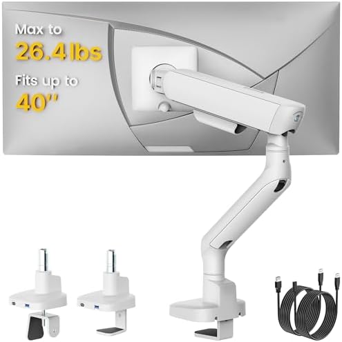 monTEK Mechanical Spring Single Monitor Arm with USB for 40in Screen White