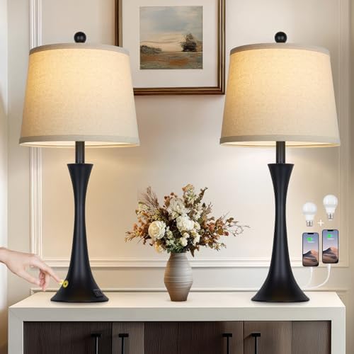 Rinweey 27.5" Table Lamps Set of 2, Touch Bedside Lamps with USB C+A Ports, 3 Way Dimmable Nightstand Lamps for Bedroom, Living Room, Office, Black Lamp with Beige Lampshade, Bulbs Included