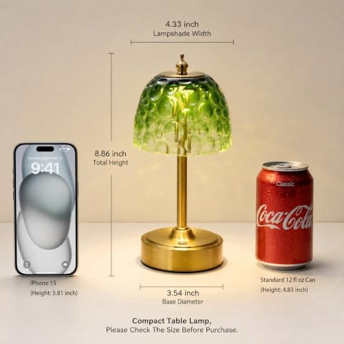 Mini Rechargeable Cordless Touch Table Lamp, Battery Powered, Green Bubble Glass Shade, 2600mAh, 3 Color Temperatures, Stepless Dimming, for Bedside Dresser Bookshelf