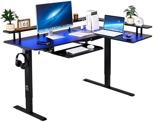 VEVOR L Shaped Desk, Electric Adjustable Height Corner Gaming Desk with Keyboard Tray and Dual Hooks, Heavy Duty L-Shaped Computer Table with Light Strip for Home Office, Easy to Assemble, Black
