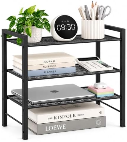 Desktop Shelf Organizer, 3-Tier Office Storage Rack, Adjustable Metal Bookshelf for Top of Desk, Desk Organizer for Office, Home, Dorm and Small Spaces (Black)