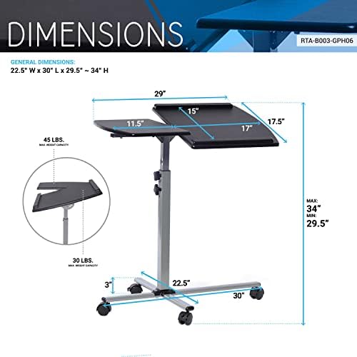 Techni Mobili Adjustable Height Rolling Laptop Cart w/ Tilting Top Graphite