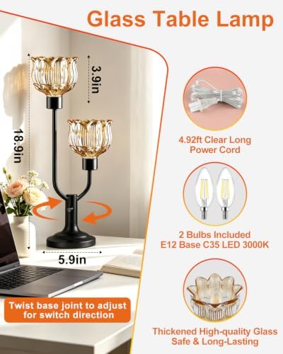 Lightdot Nightstand Lamps Set of 2 Flower Amber Glass Table Lamp Dimmable