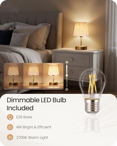 Small Bedside Table Lamp, Touch Dimmable Table Lamp with USB Ports, Nightstand Lamp with a Stepless Dimming LED Bulb, E26 Base, for Bedroom, Study, Desk, Gold and Beige DE16TL05