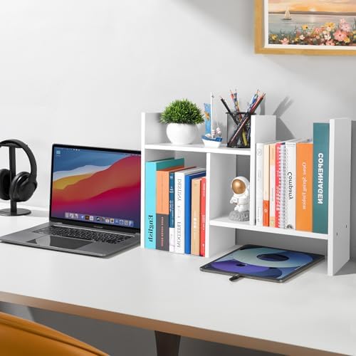CITLOW Desktop Shelf Organizer - Adjustable Wood Desktop Bookshelf, Table Top Shelves, Desk Book Organizer for Office Supplies and Home Décor (White)