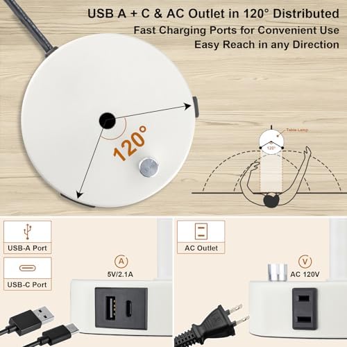 LTBLIGHT 2 Pack White Bedside Table Lamps with USB A+C Charging & AC Outlet