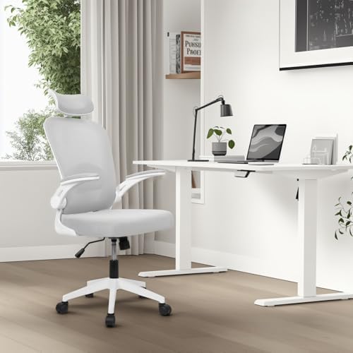 Ergonomic Office Chair,PC Gaming Chair Height Adjustable Mesh Swivel Computer Chair Desk Office Chair with Headrest Headrest Space Saving Executive Office Rolling Chair for Long Sitting White