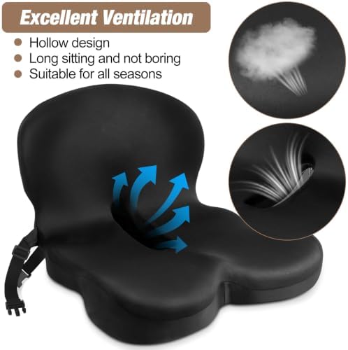 MYFAMIREA Truck Seat Cushion, Memory Foam Trucker Seat Cushion for Truck Driver Long Sitting with Adjustable Strap, Back Support and Pain Relief for Trucker Driving Office Chair and Pain, Black