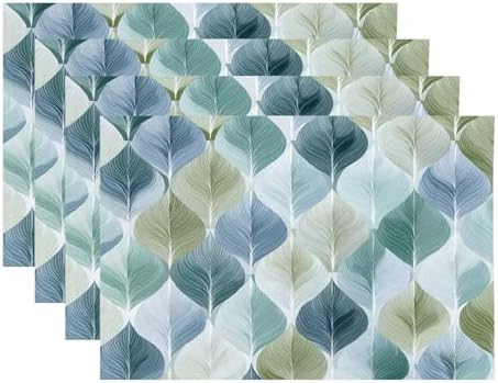 Mid Century Abstract Autumn Shapes Modern Pattern Linen Placemats, Leaf Green and Blue Repeating Table Mats for Table Washable Heat Insulation Thick Dining Mat, Indoor/Outdoor 12X18 in 4 Pcs