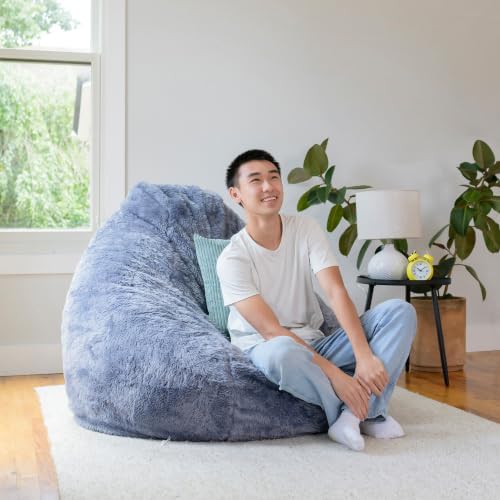 Big Large Teardrop Foam Filled Bean Bag Chair with Removable Cover, Gray Short Shag, 4 feet Big