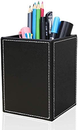 KINGFOM PU Leather Square Pens Pencils Holder Cup Desktop Stationery Organizer Case Office Accessories Container Box (black)
