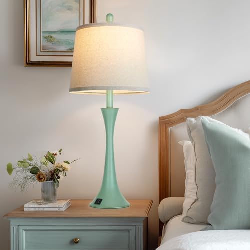 Rinweey Coastal Modern Green Table Lamps Set of 2 for Living Room, 27.5" Tall Bedside Lamp with USB Charging Port,3-Way Dimmable Touch Nightstand Lamp for Bedroom Desk Side Table Office,Green
