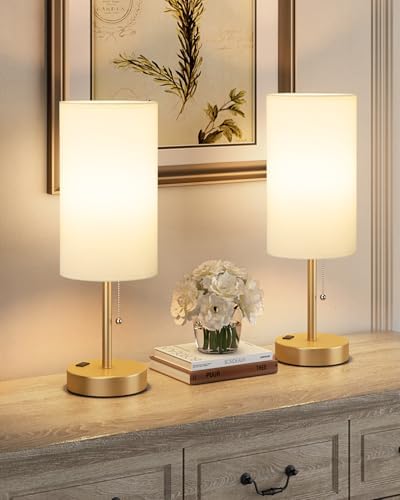 17.4" Gold Bedside Table Lamps Set of 2 - Bedroom Lamp, USB C+A, AC Outlet