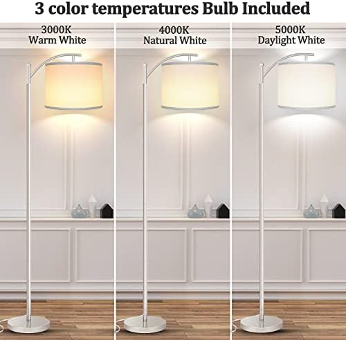 Floor Lamp for Living Room with 3 Color Temperatures LED Bulb, Standing Lamp Tall Industrial Floor Lamp Reading for Bedroom, Office (9W LED Bulb, White Lampshade Included) -Silver