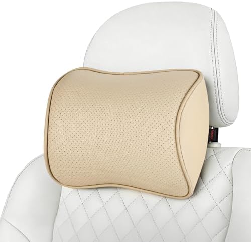 Aukee Car Headrest Pillow Memory Foam Car Neck Pillow Soft Leather Headrest for Driving Home Office Beige (1PC)