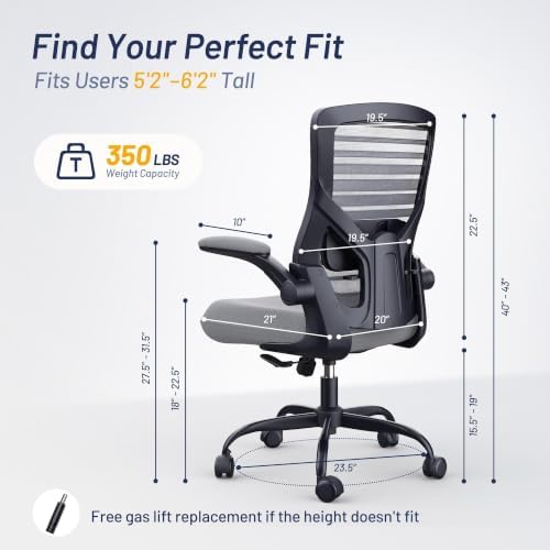 Office Desk Chair for Long Hours & Back Pain Relief – 4“ Thick Molded Foam Cushion, Enhanced Lumbar Support, Padded Flip-up Armrests, Ideal for Office or Study, Dark Gray