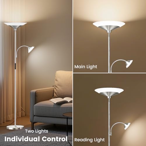 SIBRILLE Metallic Sliver Torchiere Floor Lamp, 2 Way 72'' Dimmable LED Standing lamp with Rmote, Multi Color Temps, 34W Tall Light with Independent Control for Living Room Bedroom Office Reading ﻿