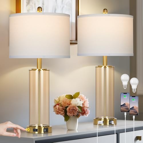 26" Modern Brown Glass Table Lamps Set of 2, Bedside Lamp with USB A+C Ports & AC Outlet, Living Room Lamps with 3-Way Dimmable Touch Control, Stylish Bedside Lamp for Bedroom Nightstand Dining Table
