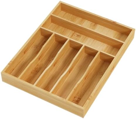 BAMEOS Bamboo Flatware Organizer 16.5×12.8 –Silverware Tray for Small Kitchen Drawers, 2" H Cutlery Holder | Forks, Spoons, Knives