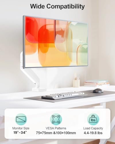 Single Monitor Desk Mount, 19-34 inch Adjustable Full Motion Monitor Arm, Computer Monitor Stand Holder with Clamp and Grommet Base, Fit 4.4 to 19.8lbs Screens, VESA Mount Bracket, White