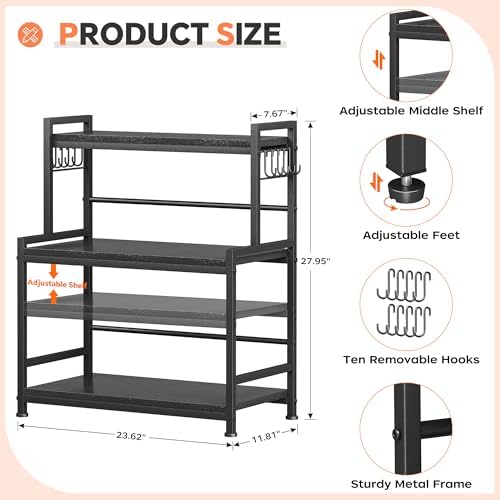 23.6"W Large Kitchen Countertop Organizer, 3 Tier Spice Rack Organizer with Adjustable Shelf and 10 Hooks, Wooden Counter Organizer, Countertop Shelf Microwave Stand for Kitchen, Coffee Bar, Black