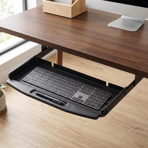 JOLENE.K Heavy-Duty 19" Under Desk Keyboard Tray – Slide-Out Steel Drawer with Smooth Ball Bearing Slides, Ergonomic Space-Saving Design for Desks 22"+ Wide – Black, Without Touchpad