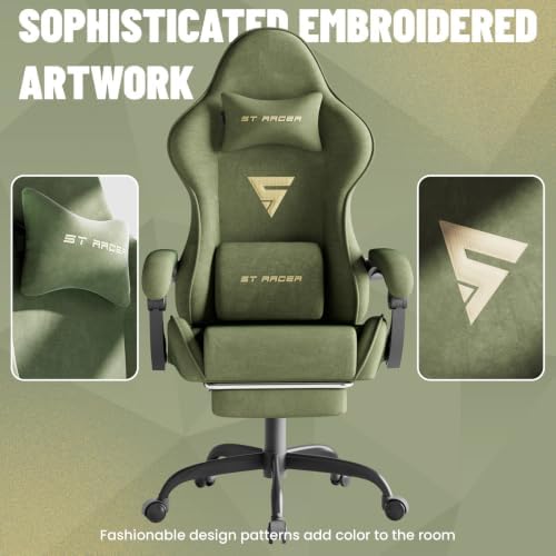 Ferghana Ergonomic Velvet Gaming Chair with Massage, Footrest & Reclining High Back, Racing Style Computer Desk Chair for Adults, Home Office Use, Green