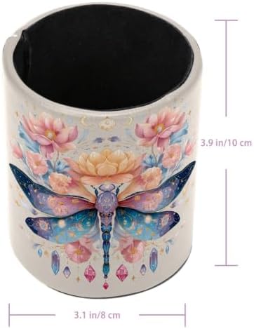 Leather Pen Holder for Desk, Dragonfly Pencil Cup Pen Organizer Makeup Brush Holder for Office Home Kids Countertop Desk Accessory Storage