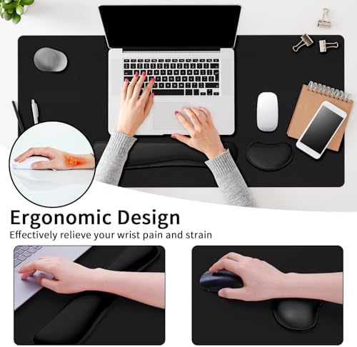 Mouse Pad with Wrist Rest Support, Keyboard Wrist Rest and Mouse Pad Set, Desk Mat for Keyboard and Mouses, Non-Slip Computer Mat Set for Office, Home (31.5×15.7 Inches, Black)