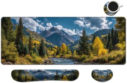 MIBITRI Keyboard Mouse Pad Set, Extended Gaming Mouse Pad+Ergonomics Keyboard Wrist Rest Support, Memory Foam, Easy Typing Pain Relief, 4Pcs XXL Ultra Thick Desk Mat, Nature Forest