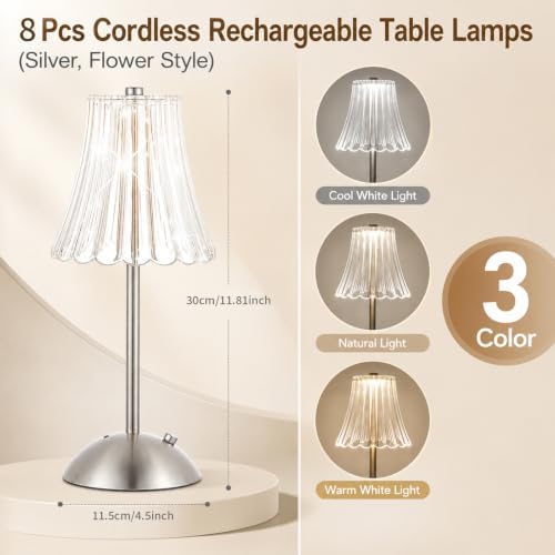 8 Pcs Cordless Table Lamp Rechargeable Touch Lamp Silver Flower