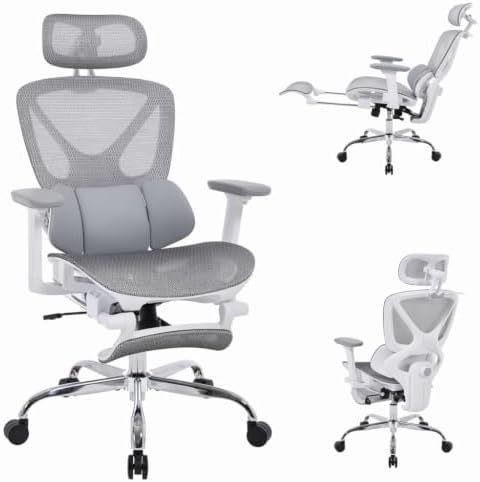 LuxErgo Big & Tall Ergonomic Mesh Office Chair 350lbs, High Back Reclining Gaming Desk Chair with 3D Headrest, Adjustable Armrests, Lumbar Support & Retractable Footrest, Gray