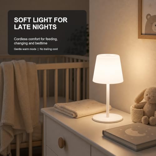 Rechargeable Cordless Table Lamp, IP65 Waterproof Touch Night Light with 4000mAh Battery, 3 Color Temperatures and Stepless Dimming for Bathroom, Nursery, Bedside and Skincare, White
