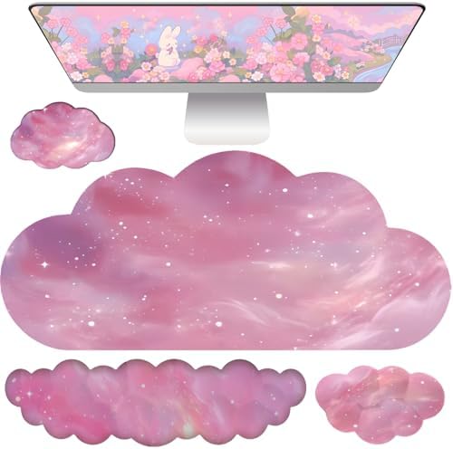 Cloud Mouse Pad Keyboard Wrist Rest for Mouse 4PCS Extended Large Galaxy Space Desk Mat Pad Set Memory Foam Non-Slip Cute Ergonomic Game Mouse Wrist Support for Computer Home Office Pink Starry Sky