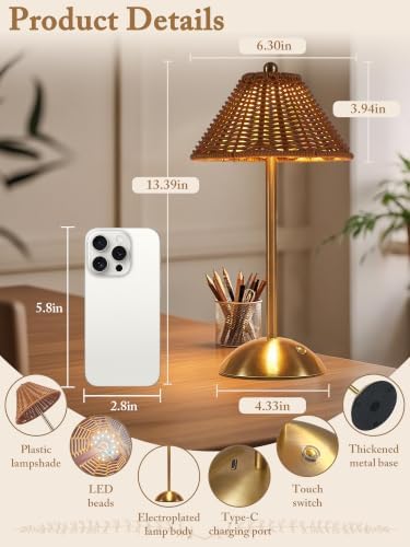 Boho Rattan Table Lamp,Wicker Night Light,LED Rechargeable Reading Lights,3 Color Touch Control Dimmable Bedside Lamps Living Room Bedroom Office Lighting Home Outdoor Decoration