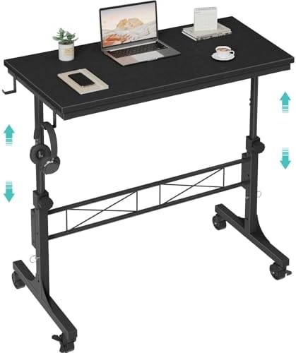 WINAZ Small Portable Rolling Standing Desk - 32 Inch Adjustable Height Mobile Teacher Podium on Wheels for Classroom, Stand Up Desks for Treadmill Walking Pad, Couch Sofa Side Laptop Table, Black