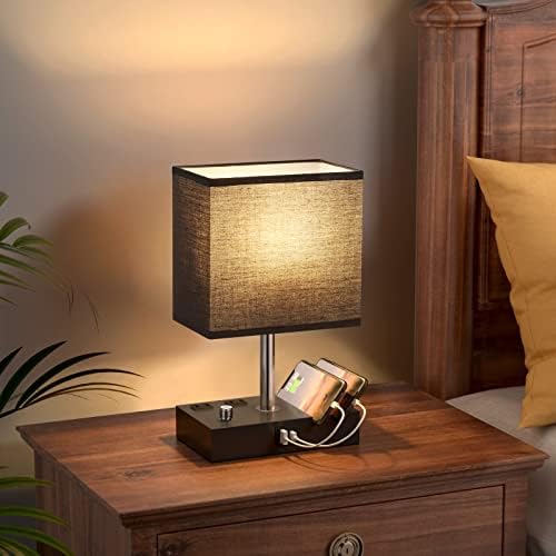 Black Table Lamp for Bedroom - Stepless Dimmable, USB C+A, 2 AC Outlets