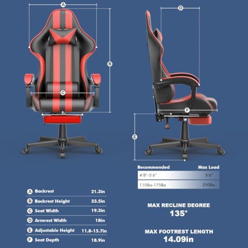 Huracan Gaming Chair with Footrest, Adjustable Ergonomic Computer Office Chair with Lumba Pillow, Video Game Computer Chairs for Adults, Racing Style Reclining Backrest Office Desk Chairs, Red