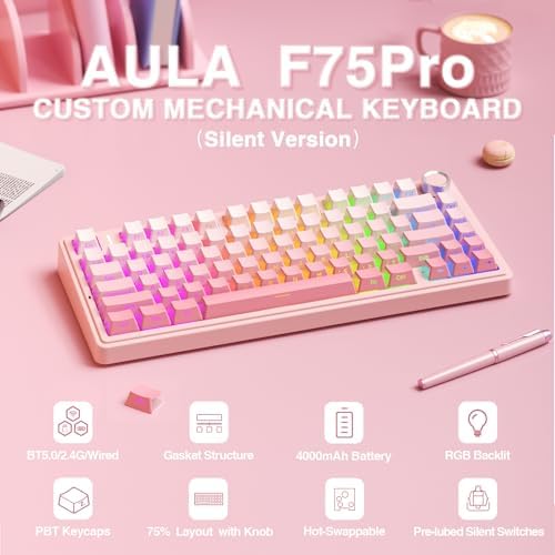 AULA F75 Pro Wireless Mechanical Keyboard Silent Version,75% Hot Swappable Custom Keyboard with Knob,RGB Backlit,Pre-lubed Switches,Side Printed PBT Keycaps,2.4GHz/USB-C/BT5.0 PC Gaming Keyboards,Pink