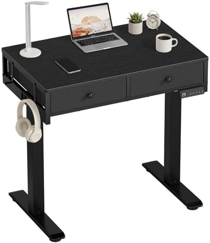 KLUVIS Black Sit Stand Desk with Drawers, 32 Inch Electric Standing Desk with Storage, Small Space Stand Up Computer Desks for Home Office Bedroom, Study Writing Desks for Walking Pad