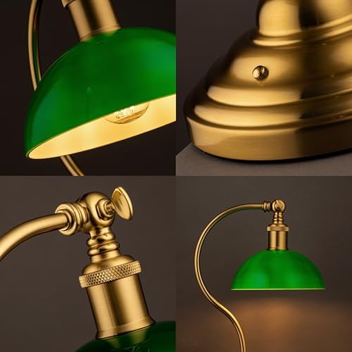 O'Bright Bankers - Cordless LED Table Lamp, Battery-Operated, Rechargeable, 3-Level Dimming, Universal USB-C Charging, 180° Swivel Head, Classic Green Glass Shade, Antique Brass