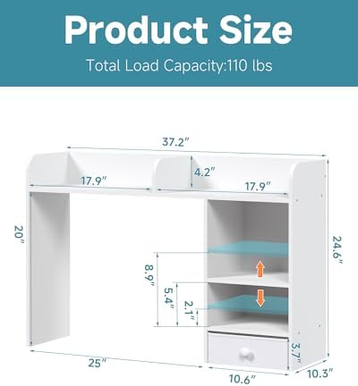 LAND·VOI Desktop Bookshelf with Drawer, Desk Hutch with 4 Storage Shelves for Computer Desk, Desk Shelf for Home Office Dorm, Dressing Tabletop, Bar Countertop, White