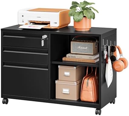 3 Drawer File Cabinet with Lock,Mobile Lateral Filing Cabinet with Side Hook for Letters/Legal/A4, Metal Printer Stand Storage Cabinets with Shelves for Home Office(Black)
