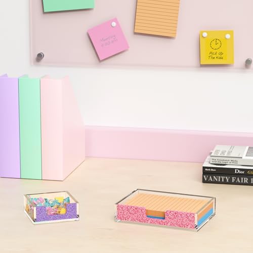 Acrylic Notepad Dispenser Organizer - 3 x 3 in Clear and Glitter Purple Sticky Note Holder W/O Pads Memo Holder for Dorm Room School Classroom Office Desk Organizer Aesthetic Supplies