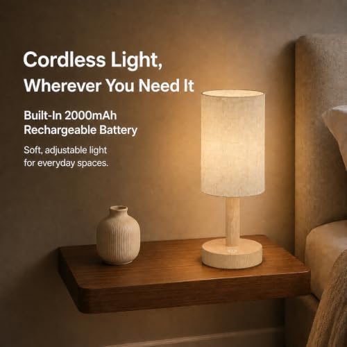 Small Rechargeable Cordless Table Lamp, Nightstand to Desk, Light Oak