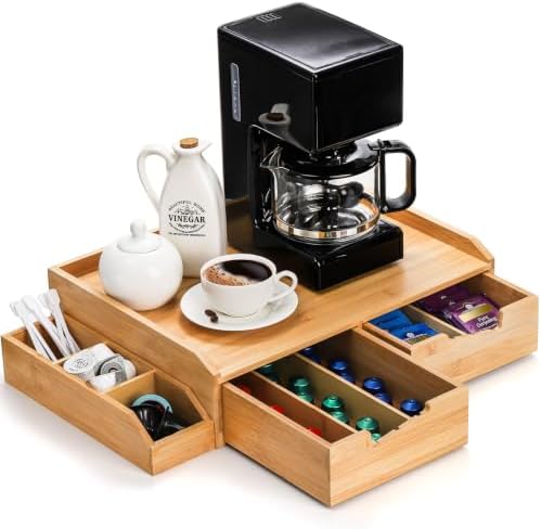 SOUJOY Bamboo 2 Drawer Coffee Pod Organizer with Side Box for K Cup Tea Bag