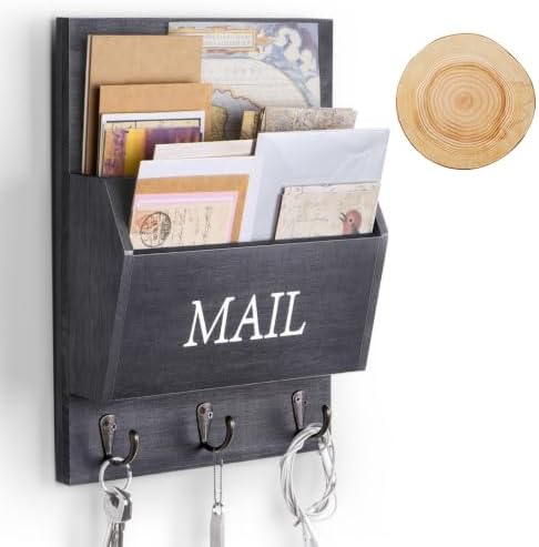 DLQuarts Solid Wood Mail Organizer with Key Holder for Wall, Mail Sorter Wall Mounted, Decorative Wooden Key and Mail Holder with 3 Hooks, Matte Black