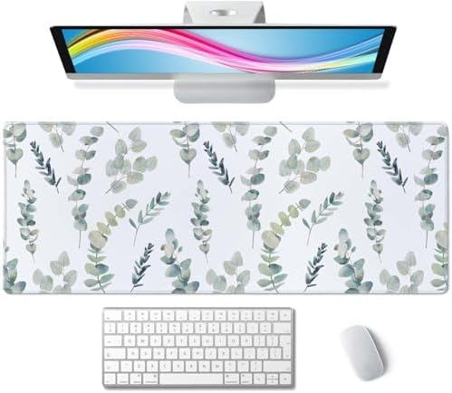 Gaming Large Mouse Pad with Stitched Edges, Watercolor Eucalyptus Branches Pattern Desk Mat, Extended Keyboard Pad, Non-Slip Rubber Base Desk Pad for Keyboard and Mouse, 31.5X11.8 inch