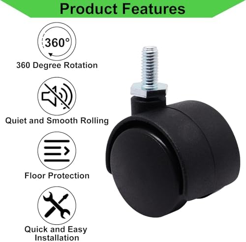 1 Inch Stem Swivel Casters Set of 4, M6 Threaded Stem Swivel Caster Wheels, 360° Rotation Heavy Duty Replacement Castors for Furniture Table Drawer Cabinet Plant Shelf Chair Wheels (Black)