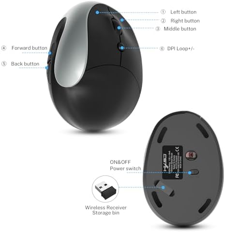 Ergonomic Mouse,Rechargeable Small Vertical Mouse with 6 Buttons Adjustable 800/1200/1600 DPI Purple Wireless Mouse for Laptop, Desktop, PC, MacBook (Gray)